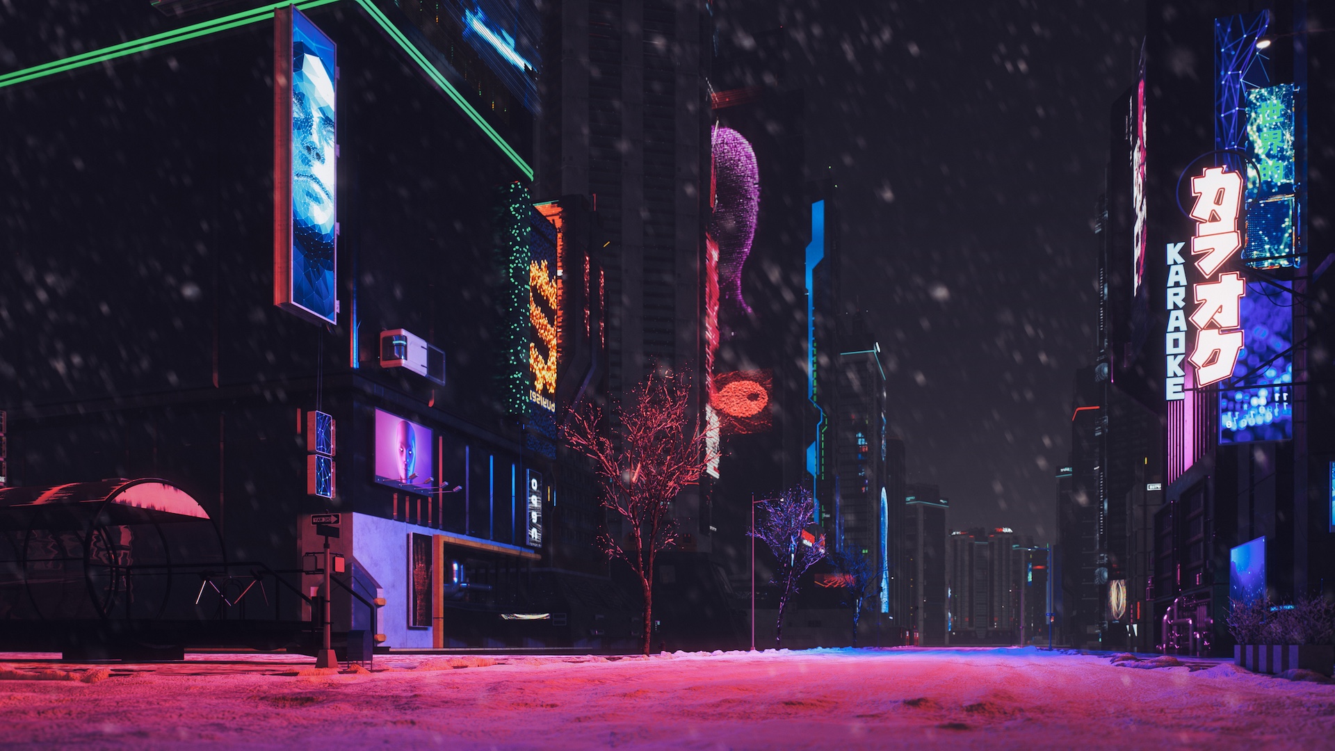 Sci-fi futuristic city with skyscrapers and neon colored streetlights in snowy night.